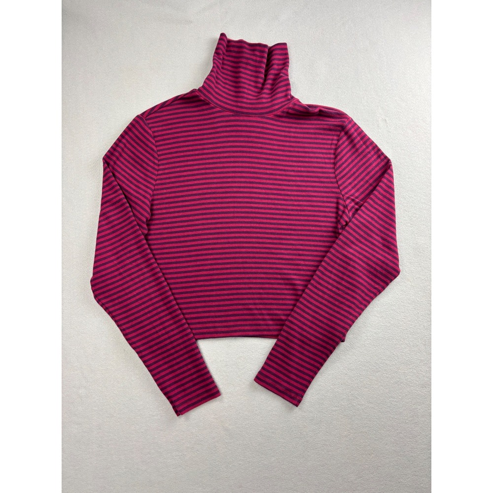 Levi's Womens XL Striped Crop Turtleneck Long Sleeve Top Pink Purple Ribbed Knit